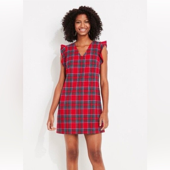 Vineyard Vines Nantucket Tartan Flutter Sleeve Shift Dress - Red - Picture 1 of 5